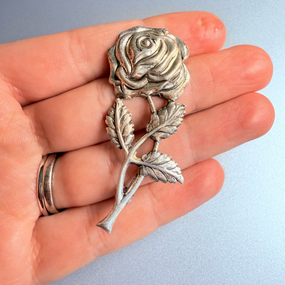 LANG 925 Sterling Silver Large 2.25" Rose Flower Mid Century Pin Brooch MCM VTG - Picture 2 of 7